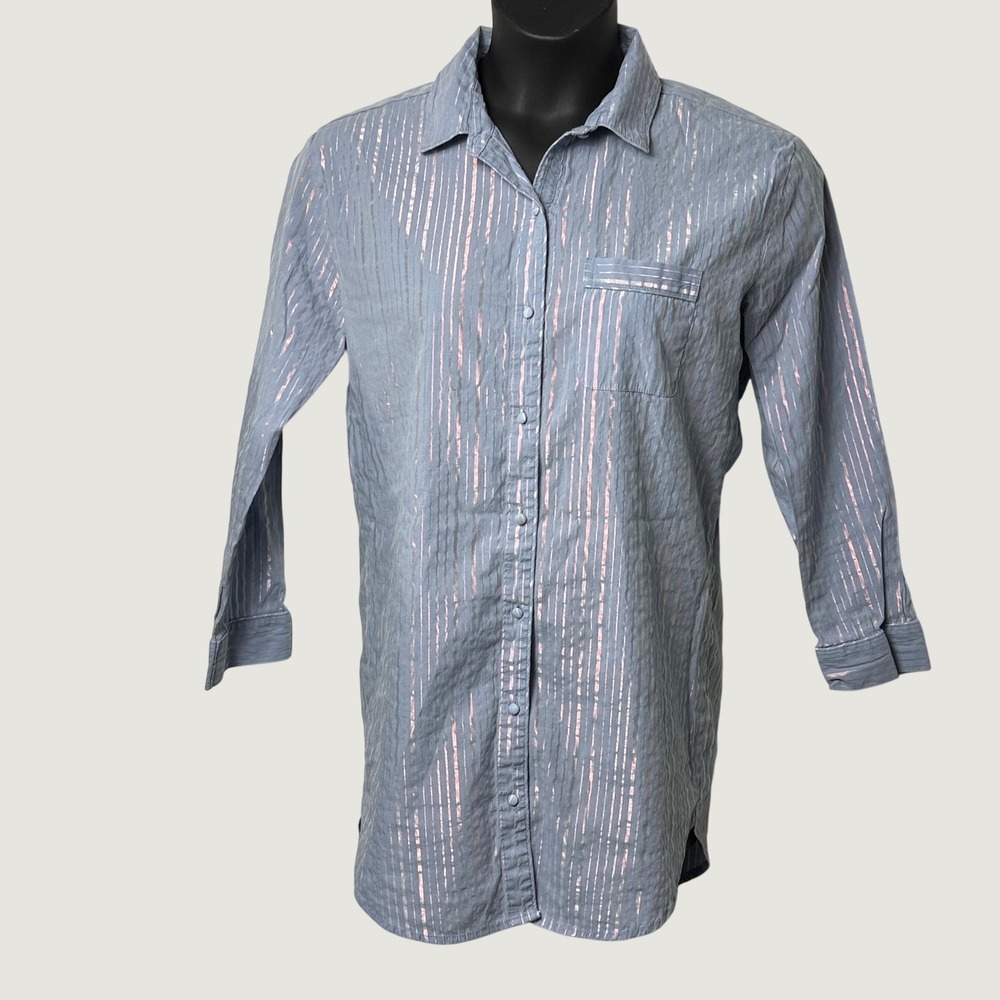Victoria's Secret Striped Tunic Shirt Blouse Women's S Blue Pink Metallic Button